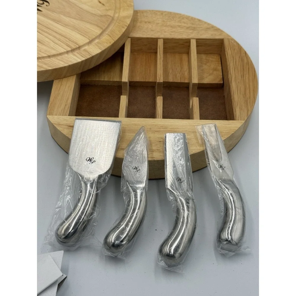 Wolfgang Puck Cheese Cutting Board Knife Set Round Swivel Charcuterie Wood NEW